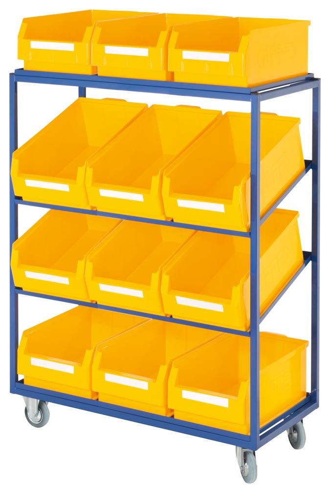 Beistell- und Kommissionierwagen, LxBxH 1015x485x1315 mm, 2/2 gerade/schräge Böden, 12 Kästen Gr. 1 gelb, Traglast 230 kg