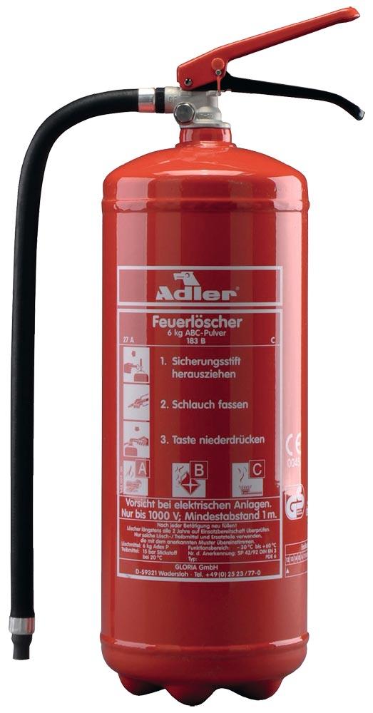 Pulverfeuerlöscher Adler PDE6 6 kg mit Dauerdruck Brandklasse A 27 A 183 B C mit Wandhalter Pulverfeuerlöscher Adler PDE6 6 kg mit Dauerdruck Brandklasse A 27 A 183 B C mit Wandhalter