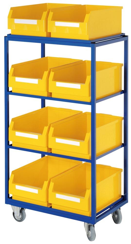 Beistell- und Kommissionierwagen, LxBxH 700x485x1315 mm, 4 gerade Böden, 8 Kästen Gr. 2 gelb, Traglast 230 kg