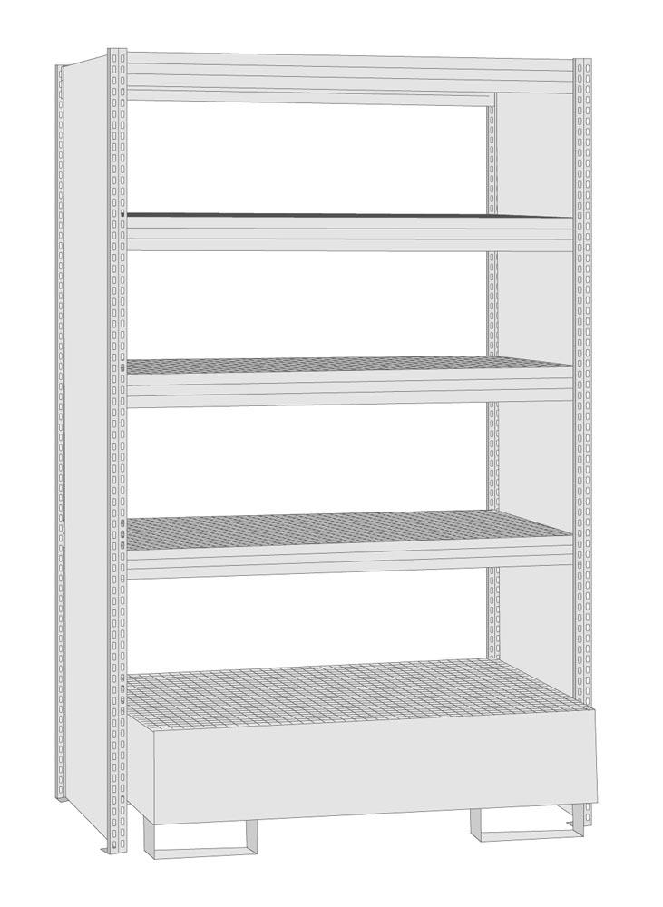 Umweltregal, Grundfeld, geschlossene Rahmen, mit 4 Gitterrost-Fachebenen und Auffangwanne Auffangvolumen 210 l, BxTxH 1285x600x2500 mm