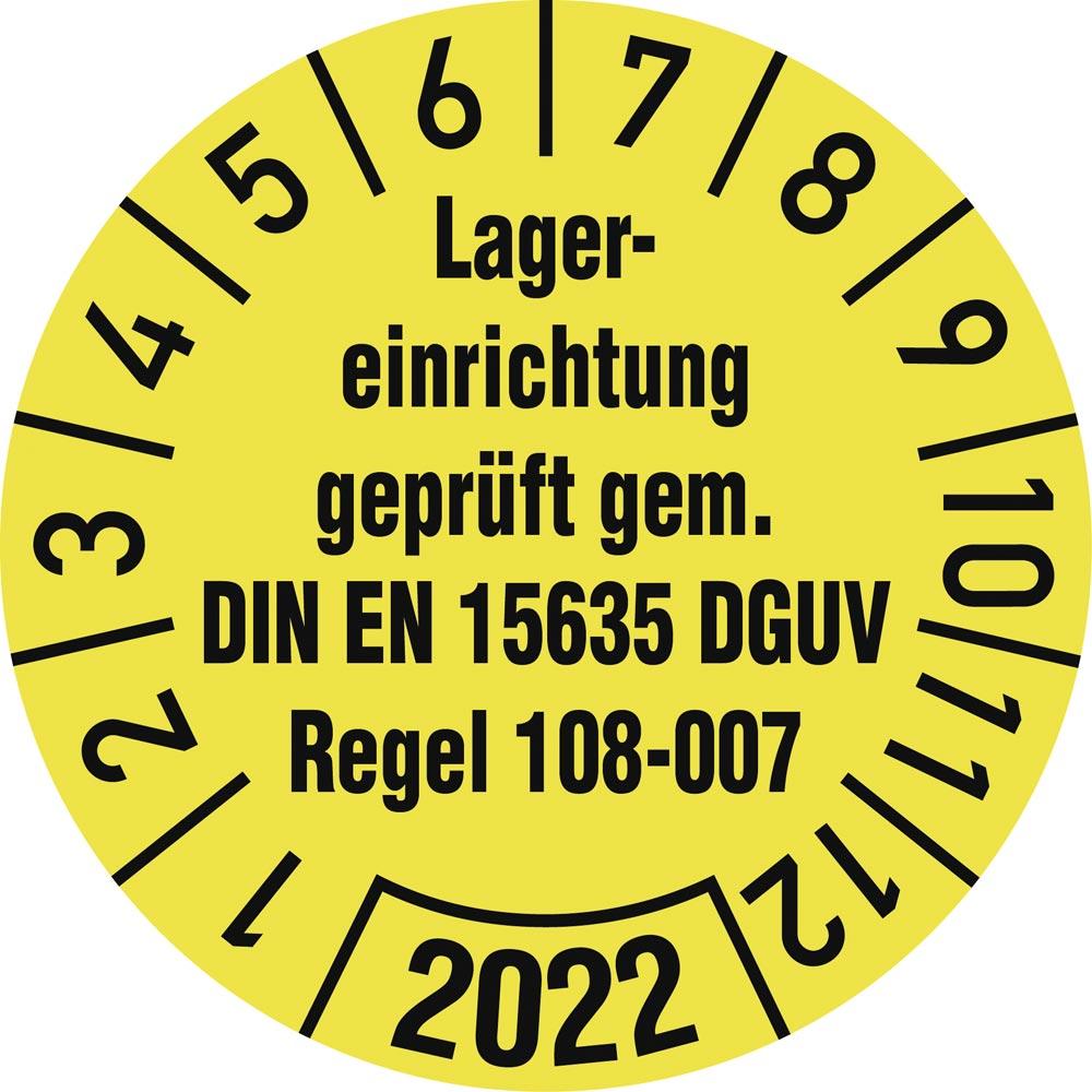 Prüfplakette, Lagereinrichtung geprüft 2022, Durchm. 30 mm, Folie, gelb, VE 10 Stück, Mindestabnahme 10 VE