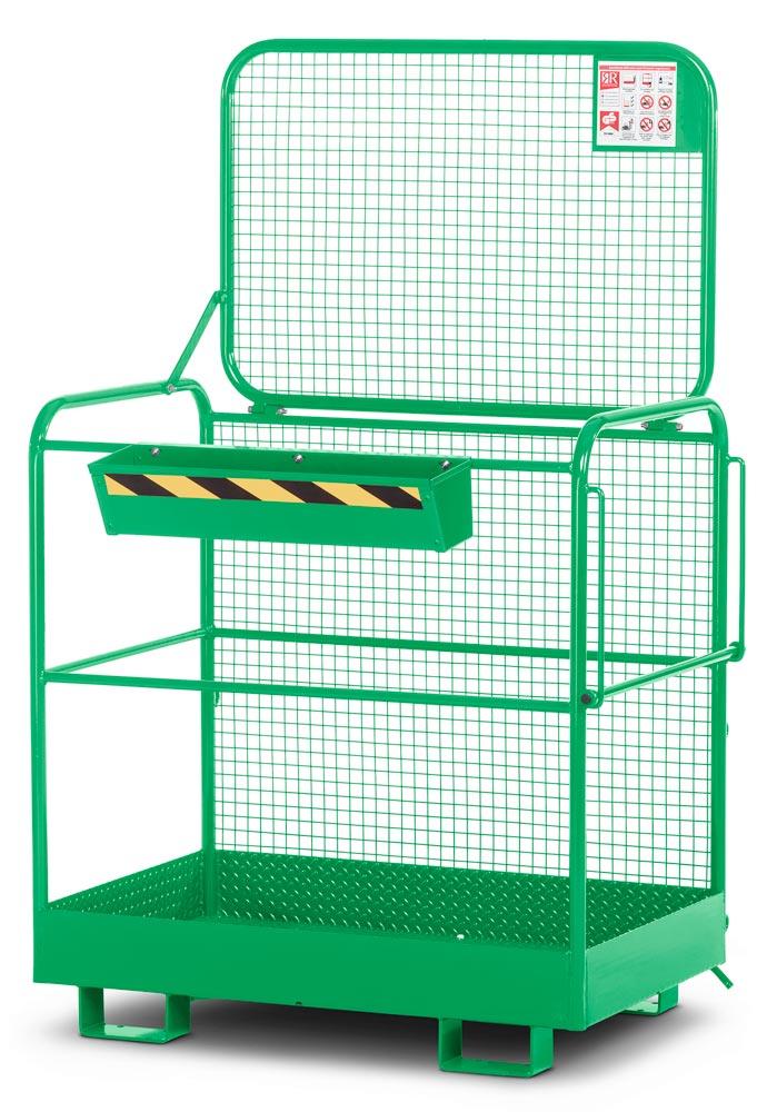 Arbeitskorb mit Aufnahme von der breiten Seite, Zulässig für 2 Personen, BxTxH 1200x800x1990 mm, Traglast 300 kg, RAL 6018 gelbgrün