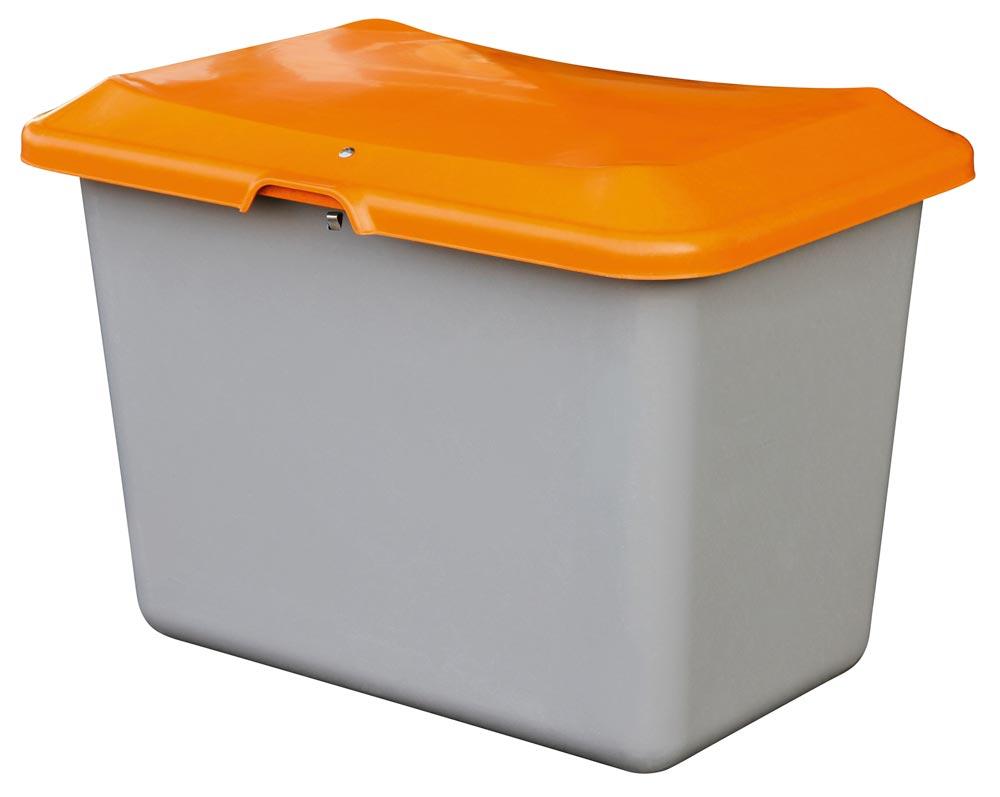 Streugutbehälter 200 l, Außenmaß BxTxH 890x600x640 mm, ohne Entnahmeöffnung u. Staplersockel, Korpus grau, Deckel orange