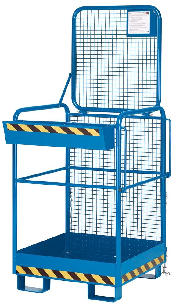 Arbeitskorb mit Aufnahme von der breiten Seite, Zulässig für 2 Personen, BxTxH 800x800x1900 mm, Traglast 240 kg, RAL 5010 enzianblau