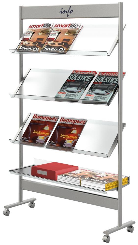 Prospektregal aus Stahl, 4 Böden aus Acrylglas für 16 x DIN A4, BxTxH 910x350x1600 mm, fahrbar, alusilber