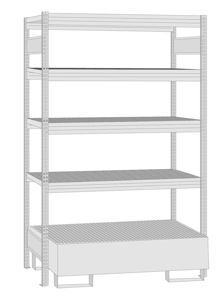 Umweltregal, Grundfeld, offener Rahmen, mit 4 Gitterrost-Fachebenen und Auffangwanne Auffangvolumen 210 l, BxTxH 1285x600x2500 mm