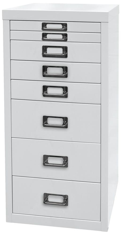 Büro-Schubladenschrank, BxTxH 279x380x590 mm, 8 Schubladen 2x25, 3x51, 3x102 mm, DIN A4, verkehrweiß
