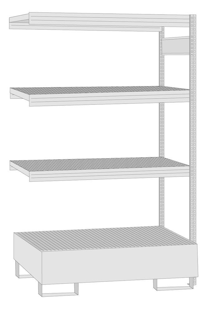 Umweltregal, Anbaufeld, offener Rahmen, mit 3 Gitterrost-Fachebenen und Auffangwanne Auffangvolumen 210 l, BxTxH 1285x600x2000 mm