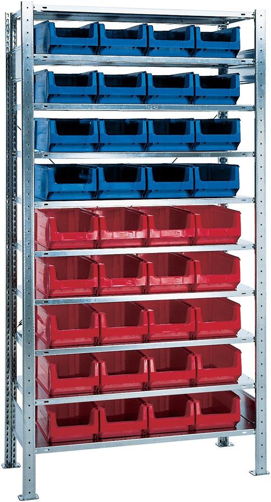 Steckregal H2000xB1000xT400mm Grundregal 10 Stahlböden 16 x MK3Z blau, 20 x MK3Z rot