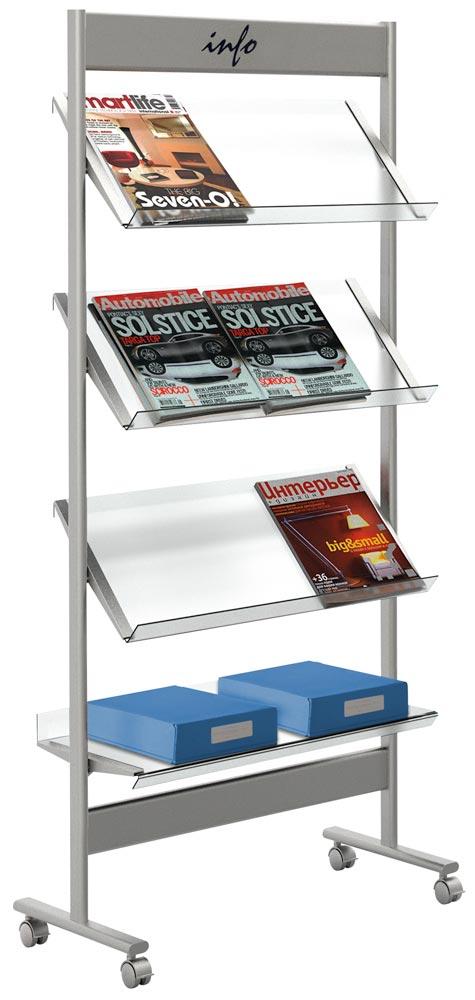 Prospektregal aus Stahl, 4 Böden aus Acrylglas für 12 x DIN A4, BxTxH 710x350x1600 mm, fahrbar, alusilber