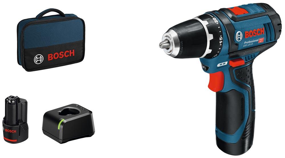 BOSCH Akku-Bohrschrauber GSR 12V-15, 2x 2.0Ah +Lader+Tasche