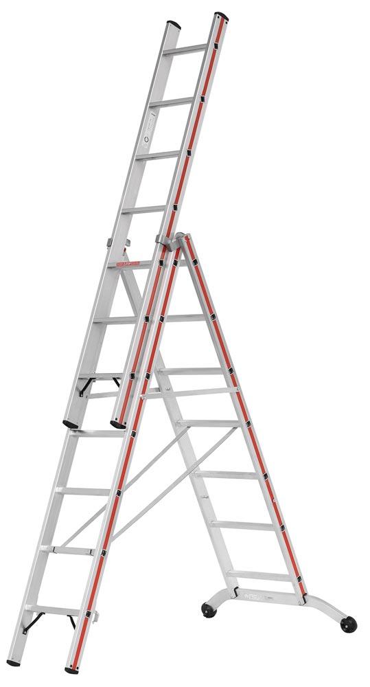 Mehrzweckleiter, 3-teilig, 2x8 Sprossen + 8 Stufen, Länge als Anlegeleiter 5800 mm, Länge eingefahren 2440 mm, Gewicht 21,2 kg