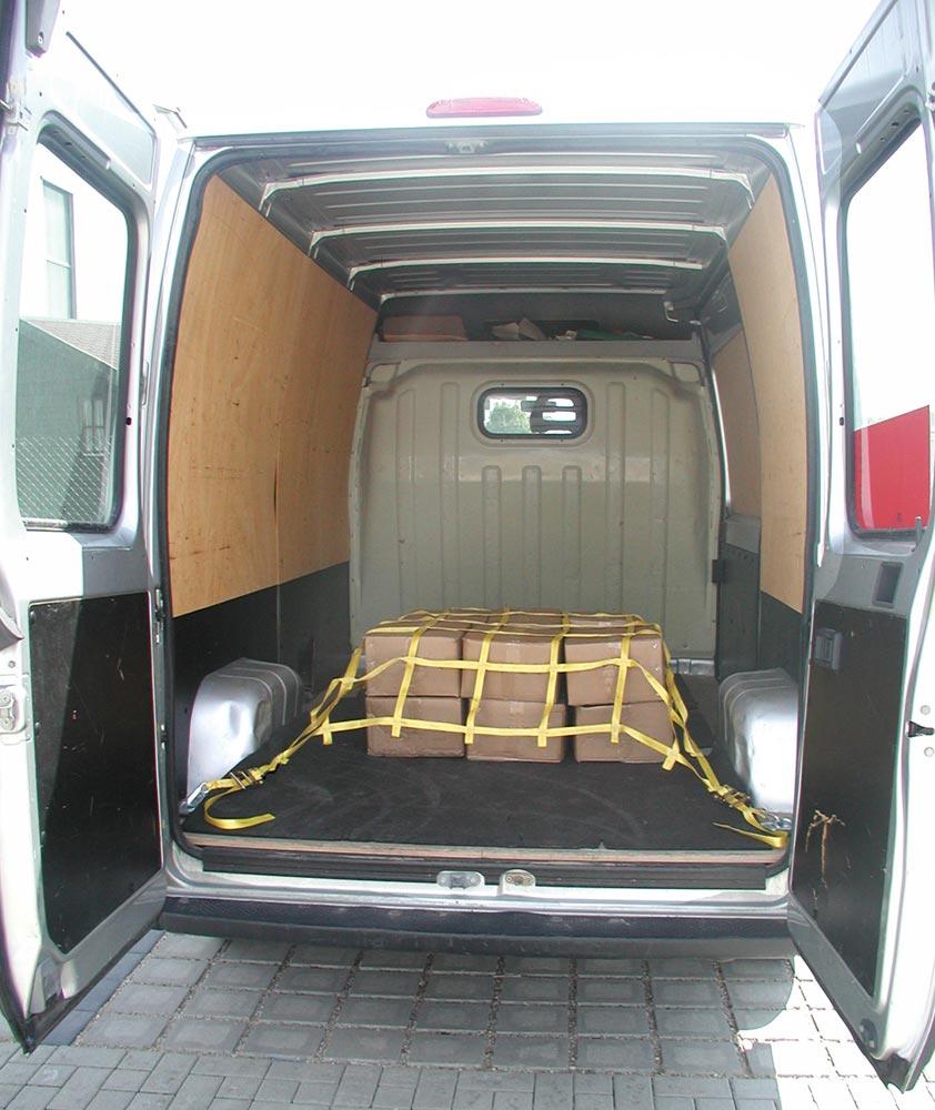 Sicherungsnetz aus Gurtband, LxB 1650x1400 mm, 6x7 Felder, 4 Losenden mit Karabinerhaken, Ratsche 750 daN, blau