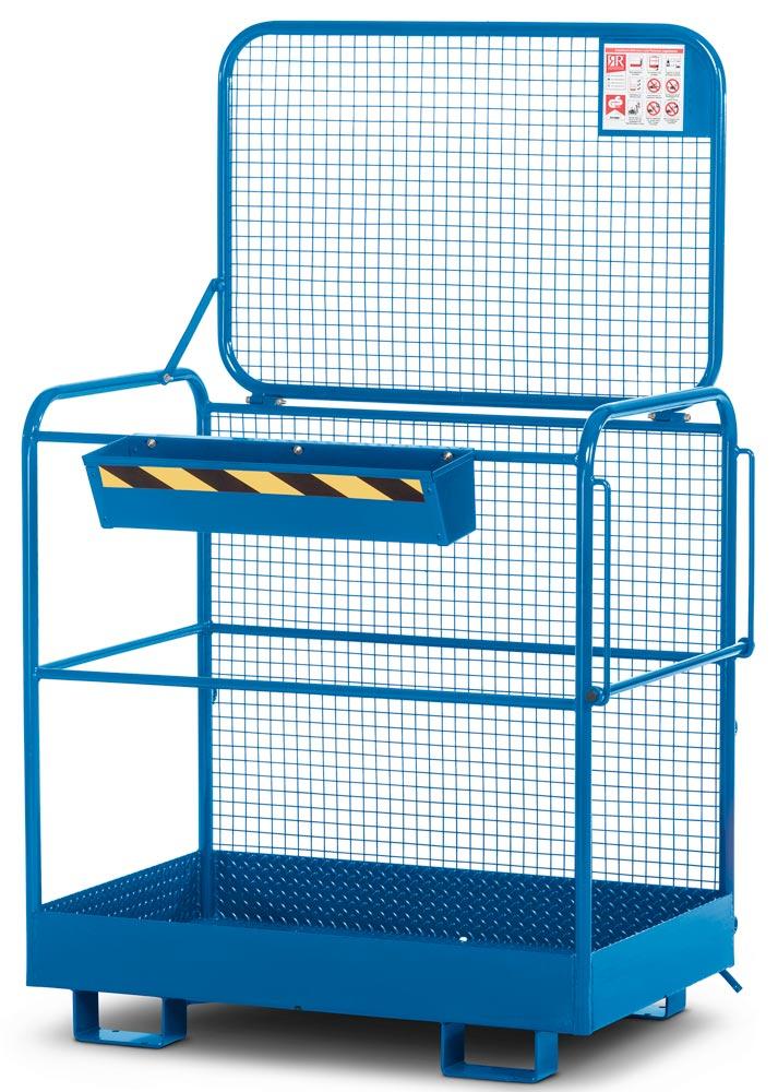 Arbeitskorb mit Aufnahme von der breiten Seite, Zulässig für 2 Personen, BxTxH 1200x800x1990 mm, Traglast 300 kg, RAL 5010 enzianblau