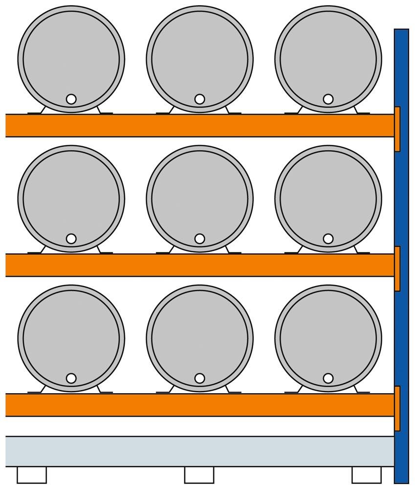 Fassregal, AF, für 9x200 l-Fässer, liegende Lagerung, mit Auffangwanne 375 l, BxTxH 2225x850x2500 mm