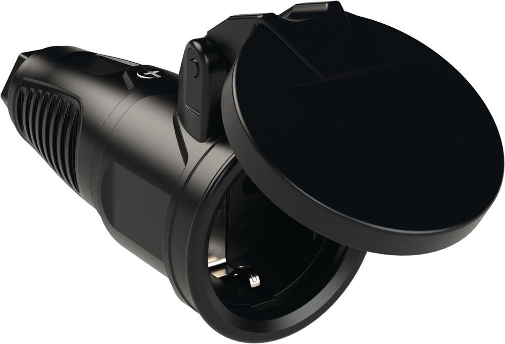 Schutzkontaktkupplung 10-/16 A 250 V schwarz IP54 Vollgummi, mit Federklappdeckel