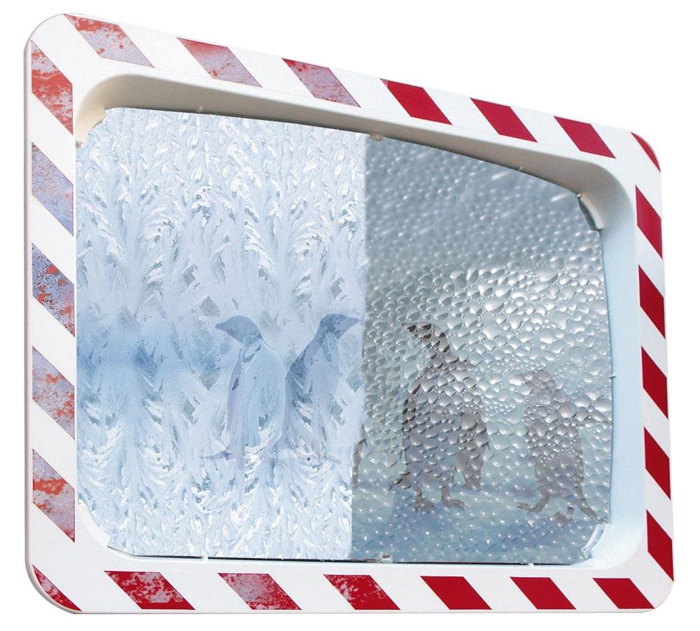Verkehrsspiegel, Anti-Frost, rot/weißer Rahmen, Spiegelfläche Edelstahl, Rahmen Kunststoff, BxH 800x 600 mm, max. Beobachterabstand 20 m