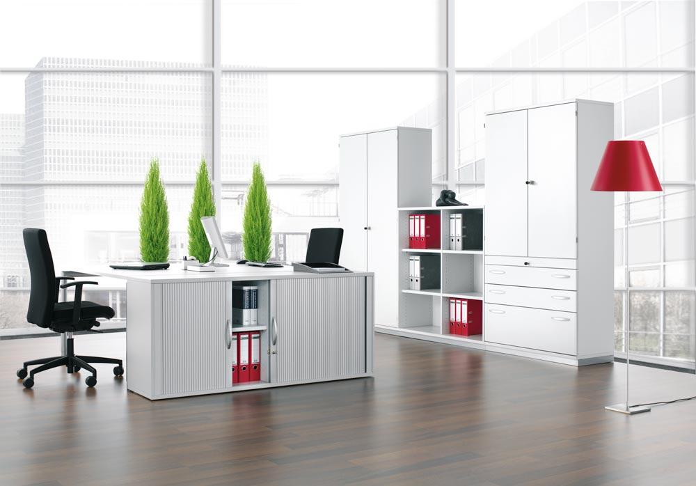 Büro-Querrollladenschrank, BxTxH 1600x425x1152 mm, 3 OH, Mitteltrennwand, 4 Böden, Schloss, ahorn