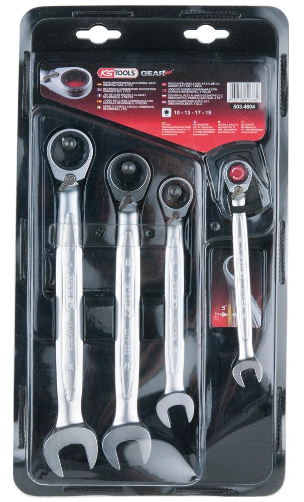 Ratschen-Ringmaulschlüssel-Satz GEARplus, umschaltbar, 4tlg., 10-19 mm, Rolltasche