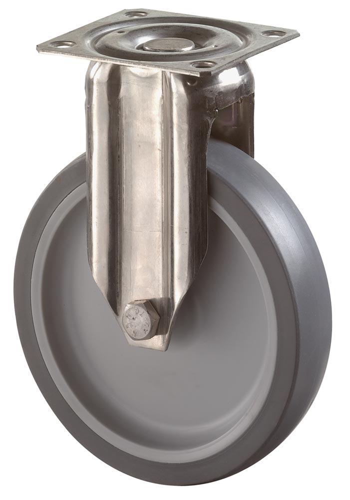 Edelstahl-Apparate-Bockrolle, thermopl. Gummi grau, Durchm. 125 mm, Traglast 70 kg, Gleitlager, Anschraubplatte