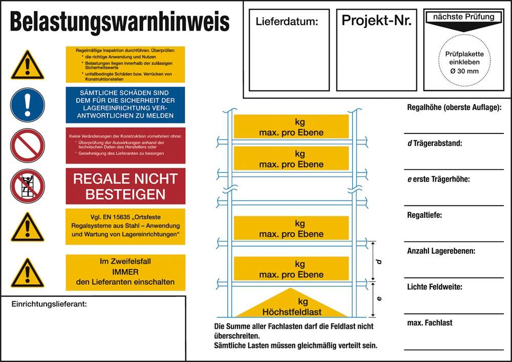 Regal-Belastungswarnhinweis, nach DIN EN 15635, für Fachbodenregal, BxH 297x210 mm