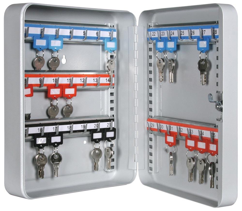 Schlüsselkassetten, Stahlblech, Raster-Hakenleisten, 20 Haken, Zylinderschloss, BxTxH 180x80x250 mm