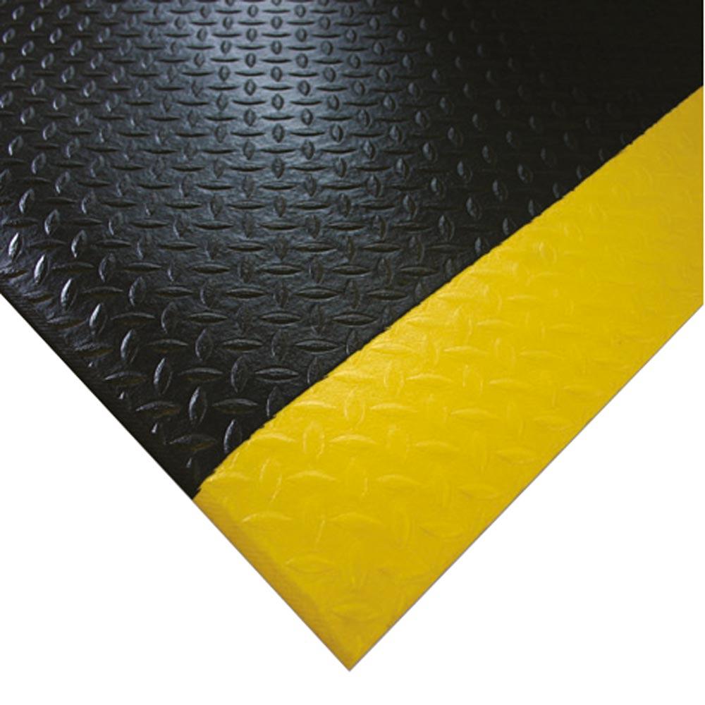 Arbeitsplatzmatte aus PVC, schwarz, Rand gelb, Tränenblechoptik, Materialstärke 9 mm, Breite 900 mm, Länge 18,3 m