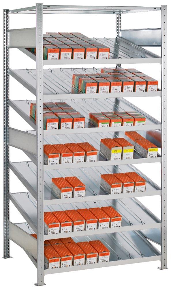 Kanban-Regal, Grundfeld, einseitig, BxTxH 1000x500x2000 mm, 7 Schrägböden mit je 5 Trennführungen, 2 Seitenführungen, 1 Abdeckboden, verzinkt