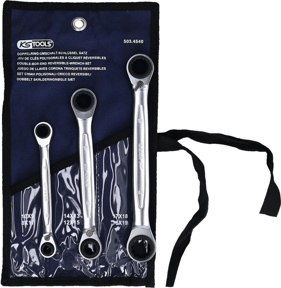 Doppel-Ratschenringschlüssel-Satz GEARplus 4 in 1, 3tlg., 8-19 mm, Rolltasche Doppel-Ratschenringschlüssel-Satz GEARplus 4 in 1, 3tlg., 8-19 mm, Rolltasche