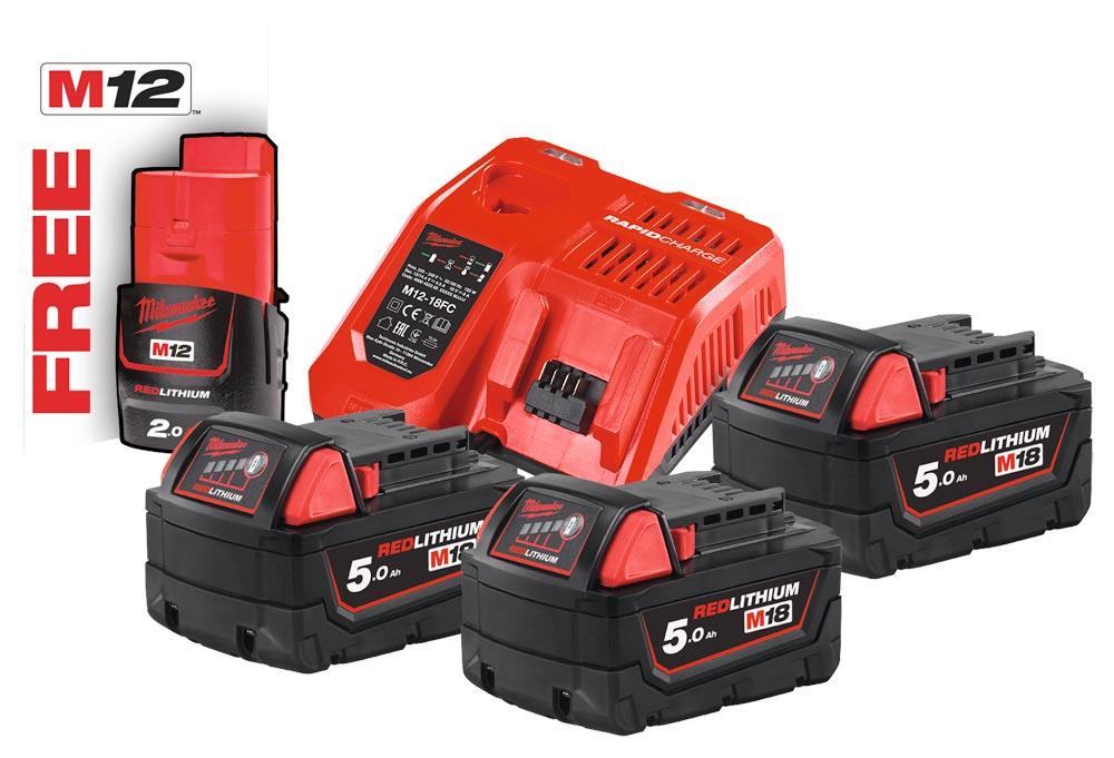 MILWAUKEE Akku-Basis-Set 18 V mit 3 Akkus(5,0 Ah) u.Ladegerät