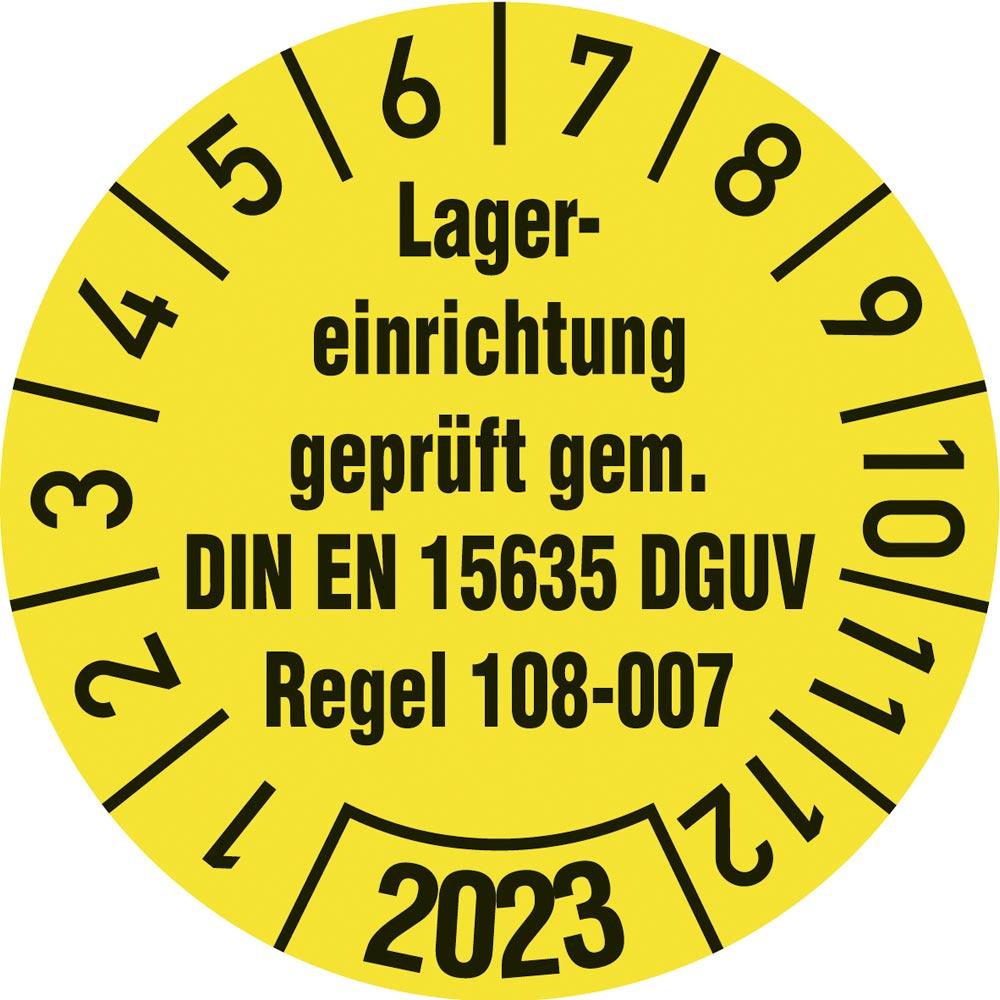 Prüfplakette, Lagereinrichtung geprüft 2023, Durchm. 30 mm, Folie, gelb, VE 10 Stück, Mindestabnahme 10 VE