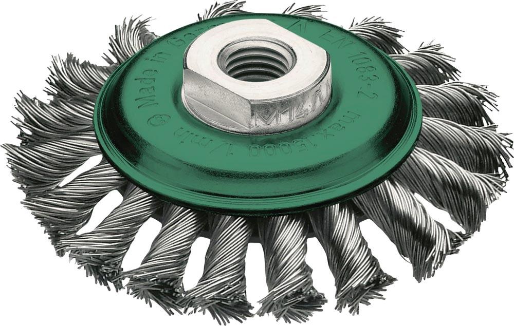 Zopfkegelbürste Ø 100 mm Gewinde Drahtstärke 0,5 mm Edelstahl 12 mm 15000 min- Zopfkegelbürste Ø 100 mm Gewinde Drahtstärke 0,5 mm Edelstahl 12 mm 15000 min-