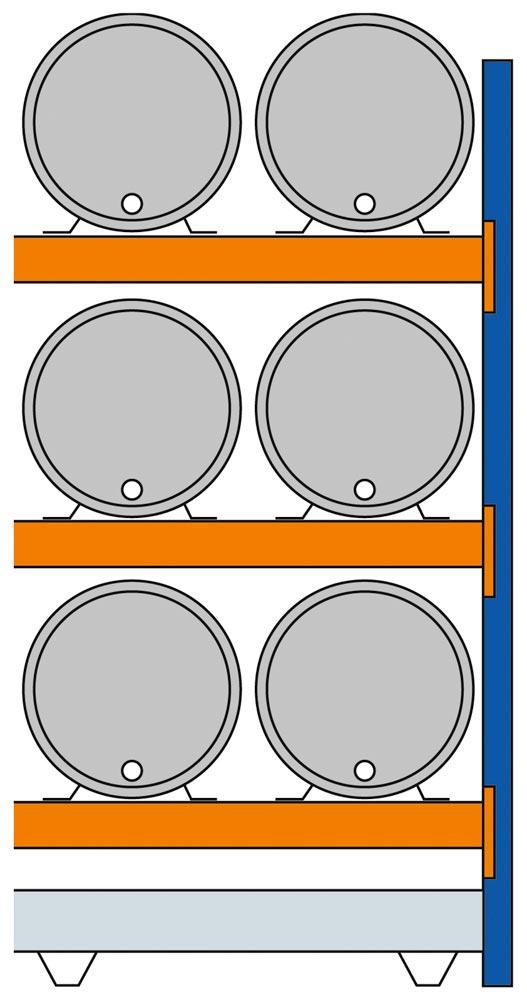 Fassregal, AF, für 6x200 l-Fässer, liegende Lagerung, mit Auffangwanne 285 l, BxTxH 1350x850x2500 mm