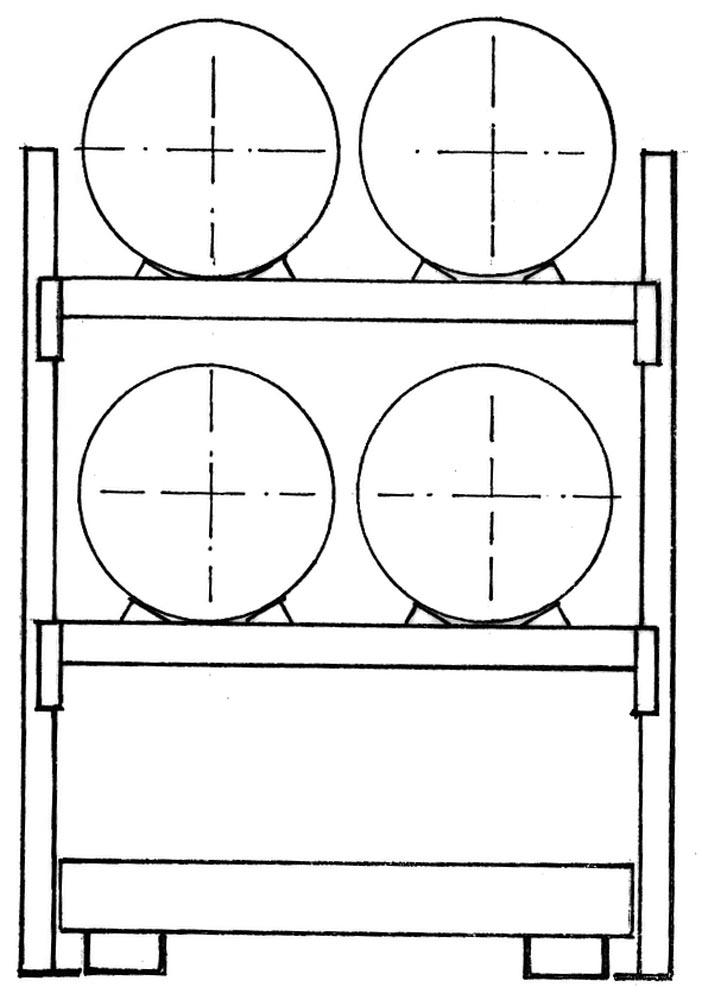Fassregal, AF, für 4x200 l-Fässer, liegende Lagerung, mit Auffangwanne 285 l, BxTxH 1350x850x2000 mm