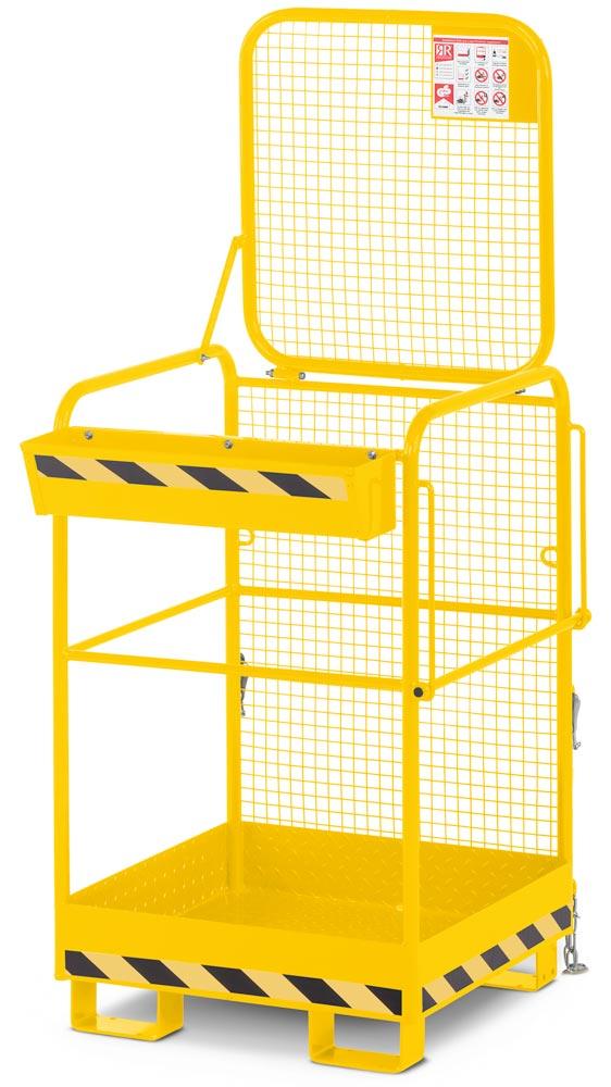 Arbeitskorb mit Aufnahme von der breiten Seite, Zulässig für 2 Personen, BxTxH 800x800x1900 mm, Traglast 240 kg, RAL 1023 verkehrsgelb