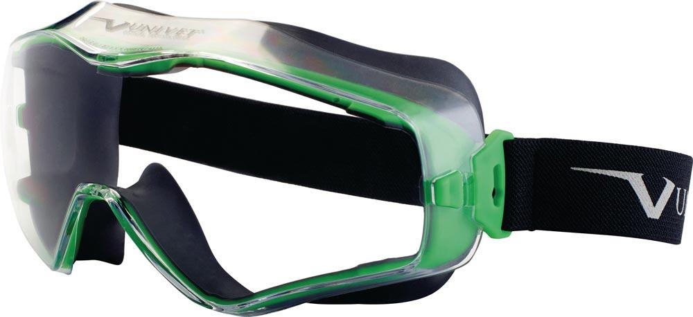 Vollsichtschutzbrille 6x3 EN 166, EN 170 Rahmen gunmetallic/grün, Scheibe klar Polycarbonat Vollsichtschutzbrille 6x3 EN 166, EN 170 Rahmen gunmetallic/grün, Scheibe klar Polycarbonat