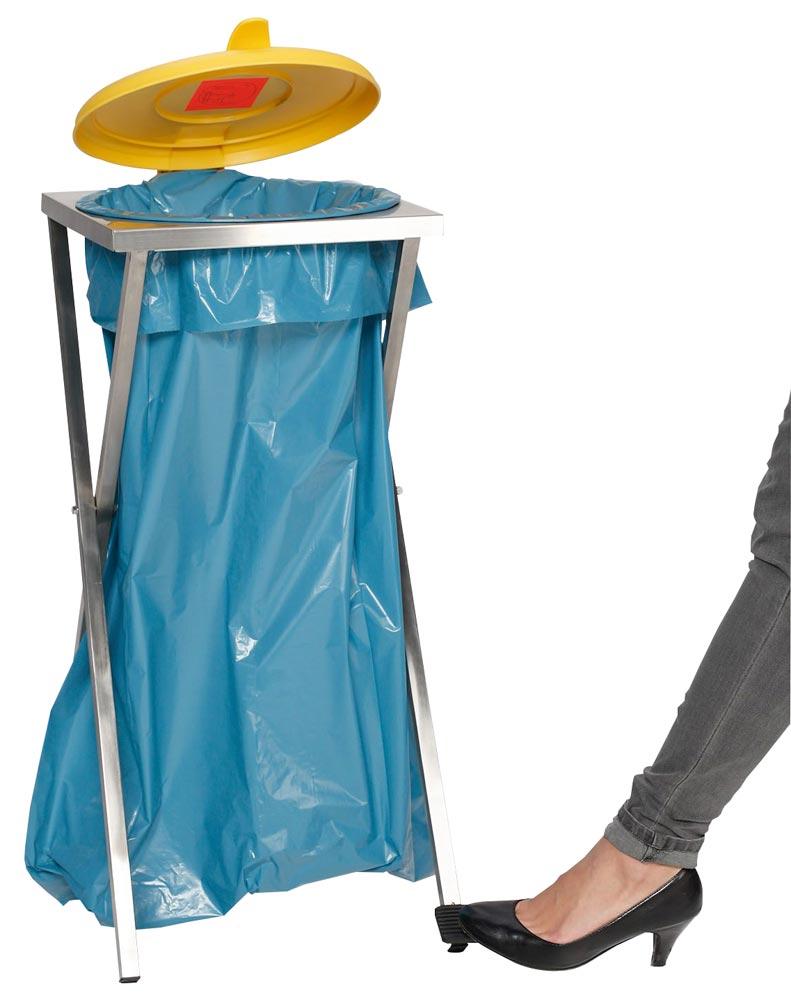 Müllsack-Scherenständer, Edelstahl, für 120-l Säcke, BxTxH 400x450x900 mm, stationär, mit Fußpedal, Kunststoff-Deckel gelb