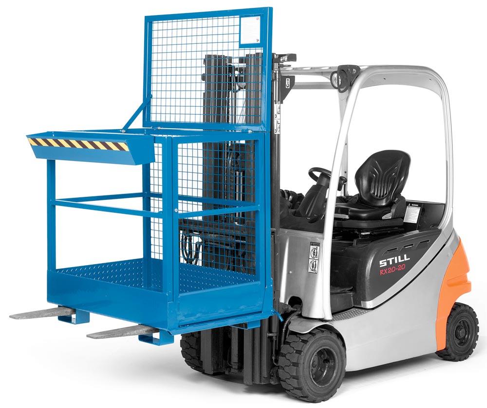 Arbeitskorb, mit Aufnahme von der breiten Seite, Zulässig für 2 Personen, BxTxH 1200x800x1950 mm, Traglast 300 kg, RAL 5010 enzianblau