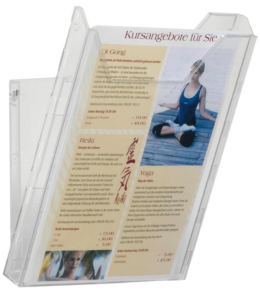 Prospekthalter für Tischaufstellung oder Wandanbringung, 1 Fach DIN A4, Fülltiefe 24 mm, BxTxH 242x162x291 mm, VE 6 Stück