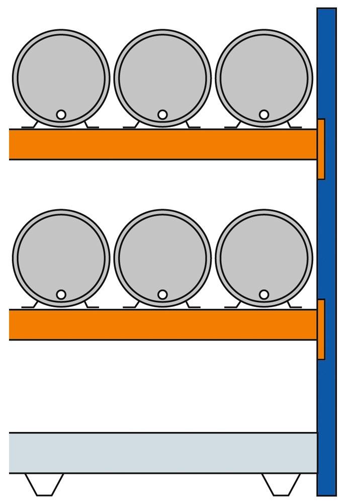 Fassregal, AF, für 6x60 l-Fässer, liegende Lagerung, mit Auffangwanne 285 l, BxTxH 1350x850x2000 mm