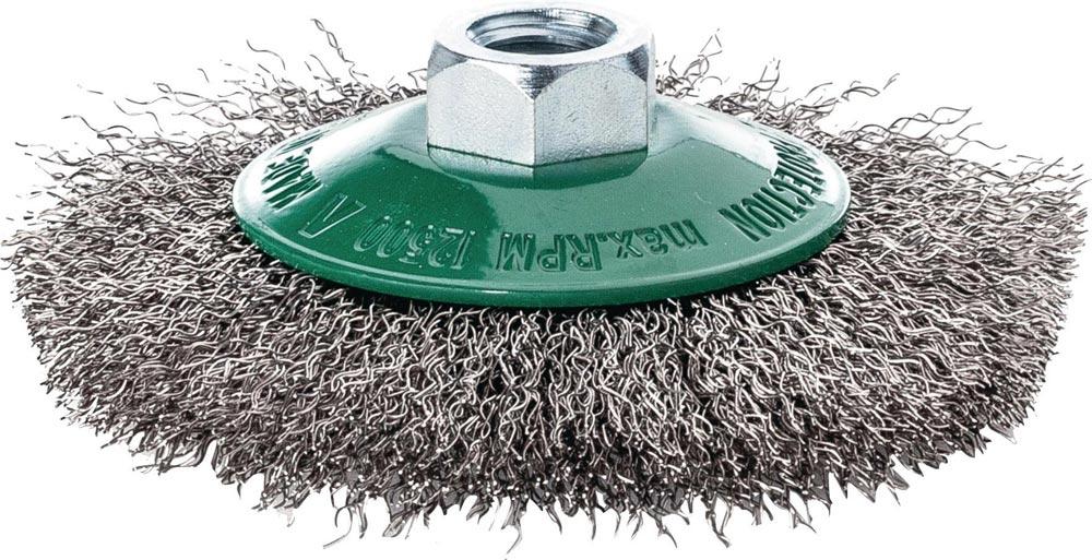 Kegelbürste Ø 100 mm Drahtstärke 0,30 mm Edelstahl gewellt 10 mm 15000 min- 1 Kegelbürste Ø 100 mm Drahtstärke 0,30 mm Edelstahl gewellt 10 mm 15000 min- 1