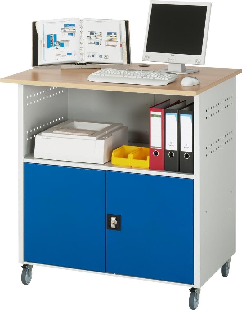 EDV-Schrank, Buche-Dekor-Platte 25 mm stark,fahrbar, links 1 Fach, rechts 2 Fächer, BxTxH 1100x800x1100 mm, RAL 7035/5010
