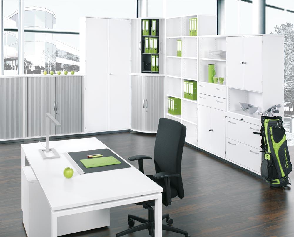 Büro-Querrollladenschrank, BxTxH 1200x425x1152 mm, 3 OH, 2 Böden, Schloss, weiß