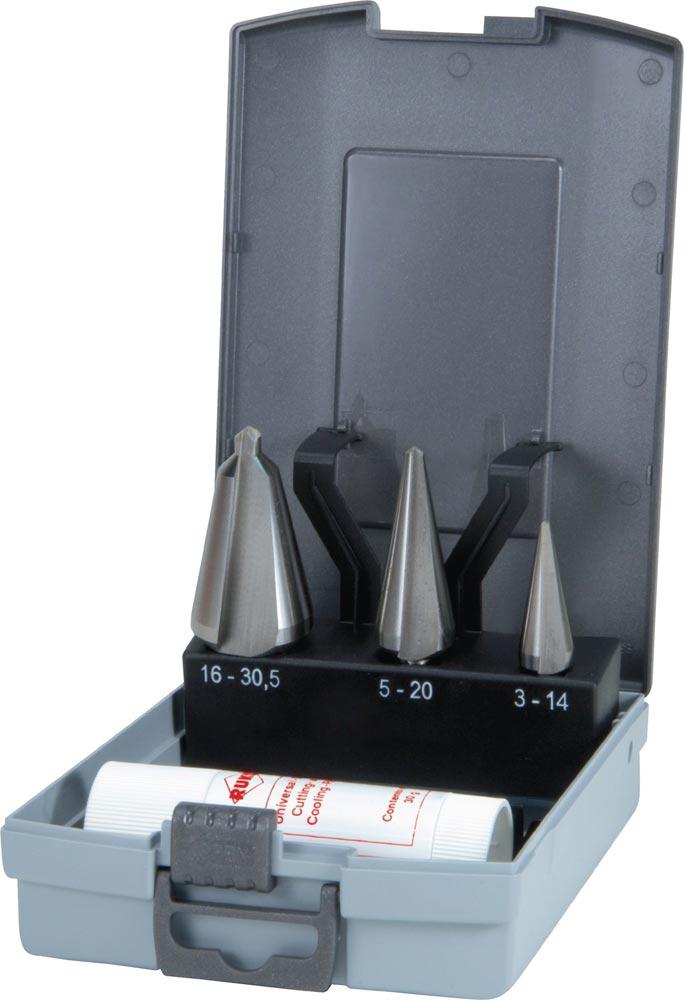 Blechschälbohrersatz 3-14/5-20/16-30,5 mm HSS 4 teilig ABS-Kunststoffkassette