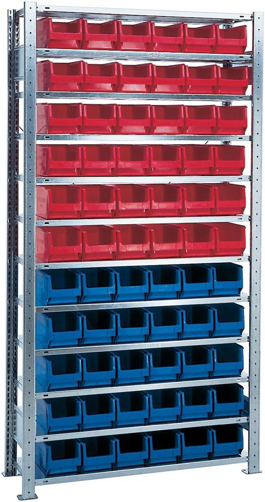 Steckregal H2000xB1000xT300mm Grundregal 12 Stahlböden 30 x MK4 blau, 36 x MK4 rot