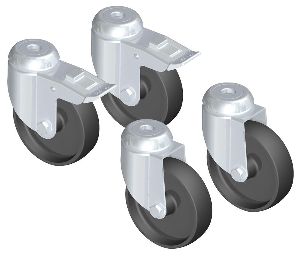 Rädersatz, bestehend aus 4 Lenkrollen, 2 davon mit Feststeller, Bauhöhe 90 mm Rädersatz, bestehend aus 4 Lenkrollen, 2 davon mit Feststeller, Bauhöhe 90 mm