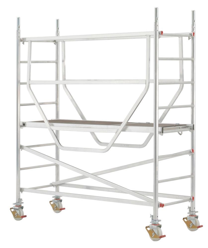 Fahrgerüst, Bühnenlänge 2,00 m geschweißt, Bühnenb. 0,72 m, Gerüsth. 2,49 m, 8er Rahmenteile, Standh . 1,27 m, Gewicht 64,2 kg, Grund-Modul 1