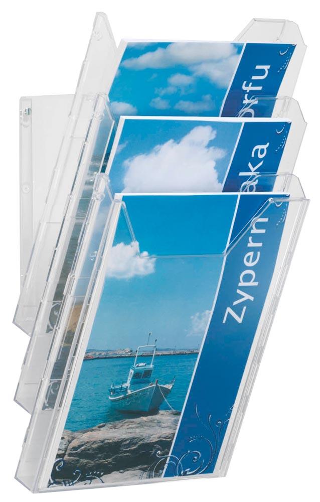 Prospekthalter für Tischaufstellung oder Wandanbringung, 3 Fächer DIN A4, Fülltiefe 24 mm, BxTxH 242x217x291 mm, VE 3 Stück