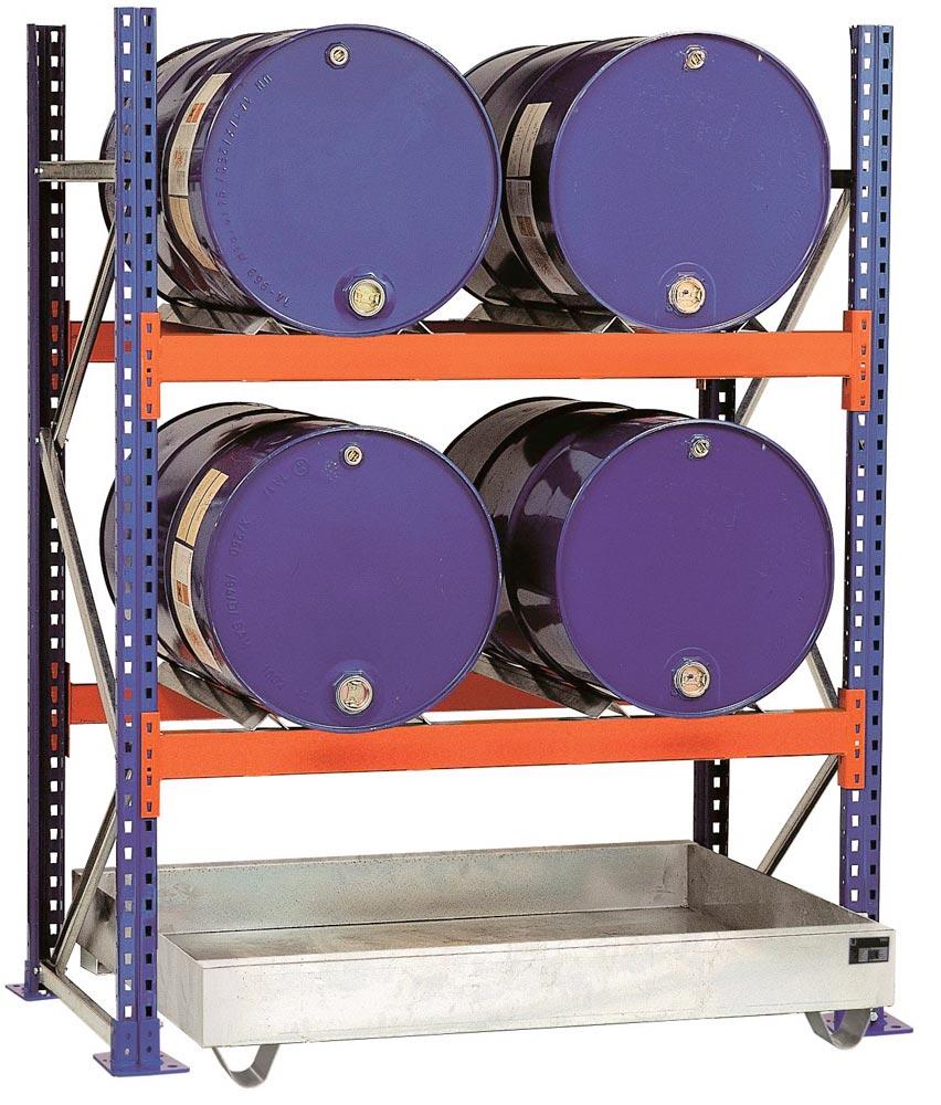 Fassregal, AF, für 4x200 l-Fässer, liegende Lagerung, mit Auffangwanne 285 l, BxTxH 1350x850x2000 mm