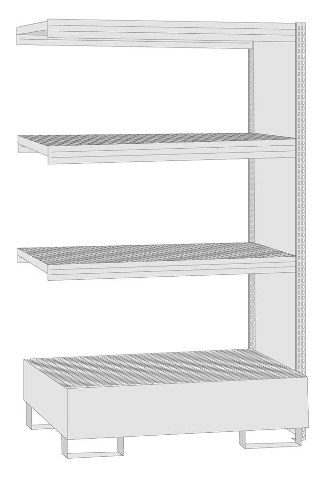 Umweltregal, Anbaufeld, geschlossene Rahmen, mit 3 Gitterrost-Fachebenen und Auffangwanne Auffangvolumen 210 l, BxTxH 1285x600x2000 mm